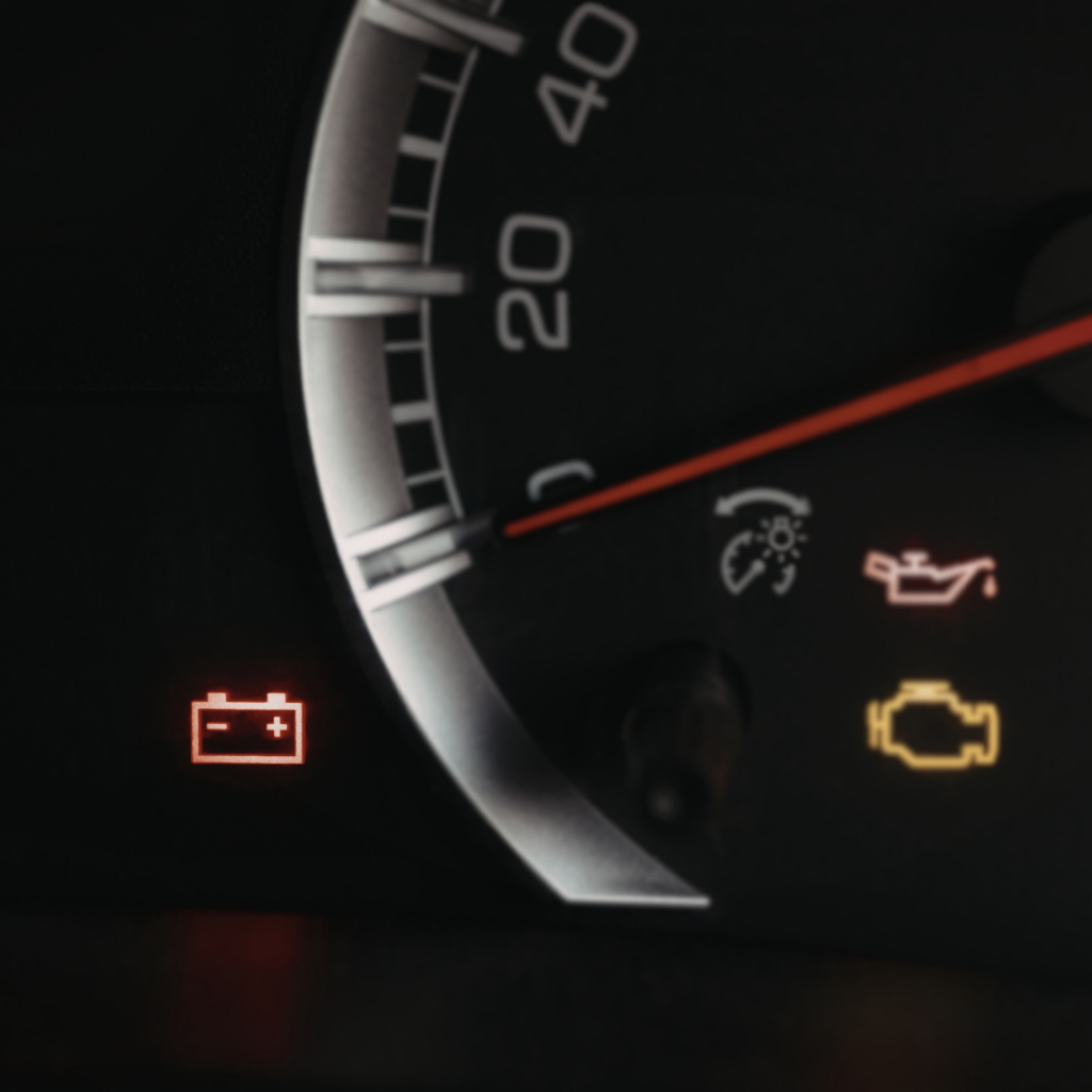 Battery light on a car dashboard. 