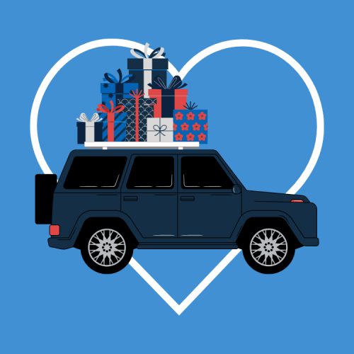 Graphic of an SUV loaded with Christmas gifts on the roof with a white heart against a blue background behind it.